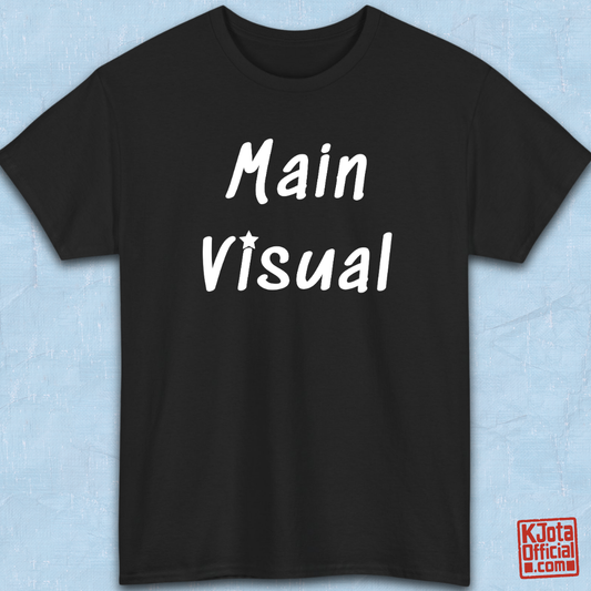 flatlay photo of “Main Visual” printed on a black t-shirt flatlay by K-Jota, K-pop group member role for K-pop fans