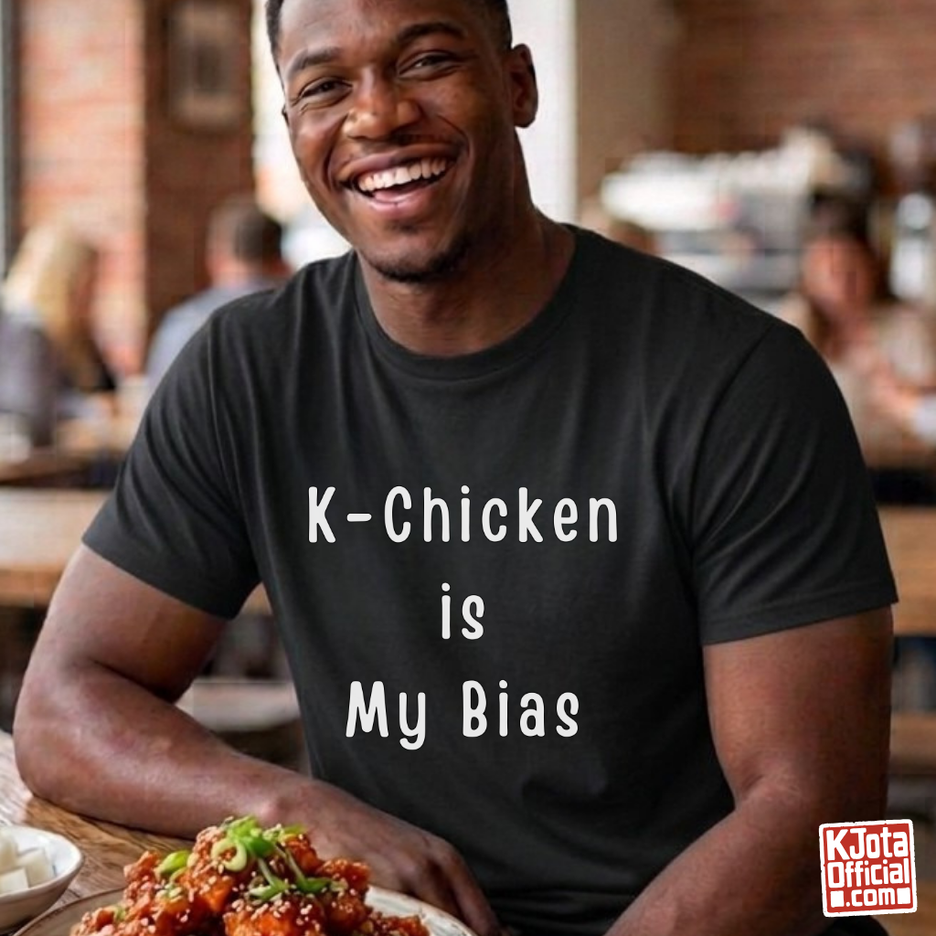 Man wearing “K-Chicken Is My Bias” Korean fried chicken fan slogan printed on front of black t-shirt by K-Jota