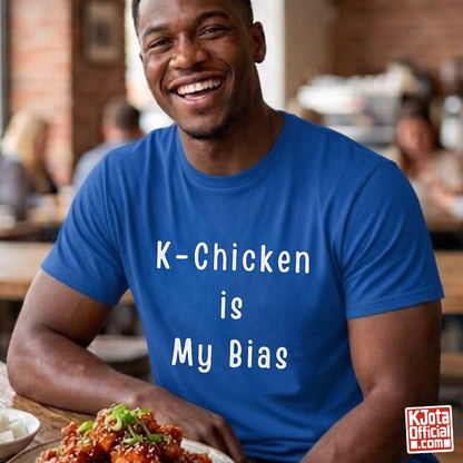 Man wearing “K-Chicken Is My Bias” Korean fried chicken fan slogan printed on front of blue t-shirt by K-Jota