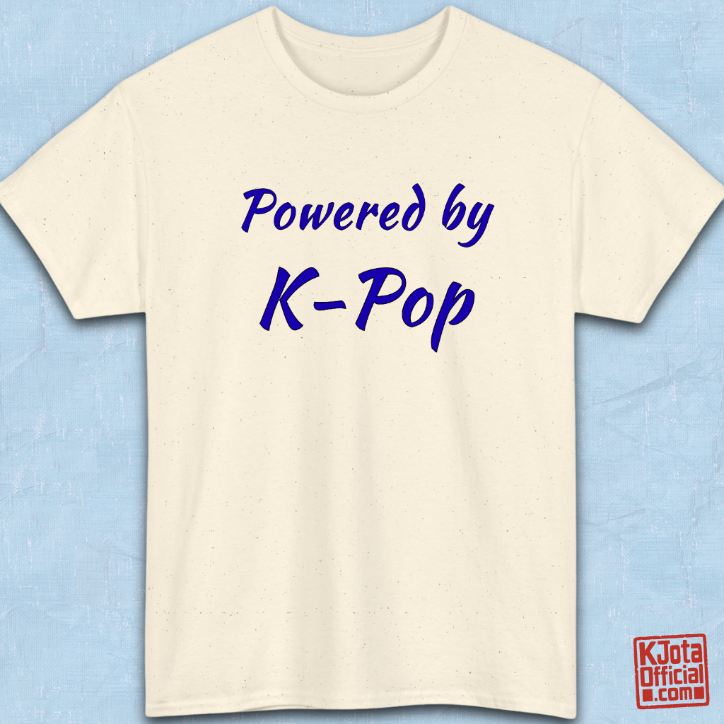 “Powered by K-Pop” apparel for stans beige t-shirt flatlay by K-Jota