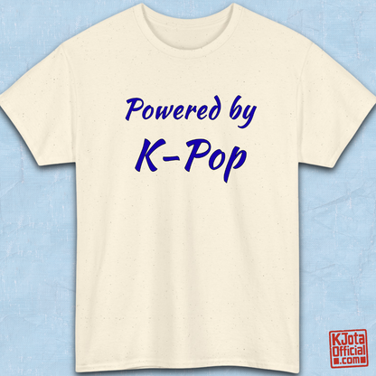 “Powered by K-Pop” apparel for stans beige t-shirt flatlay by K-Jota