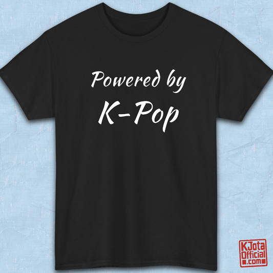 “Powered by K-Pop” apparel for stans black t-shirt flatlay by K-Jota