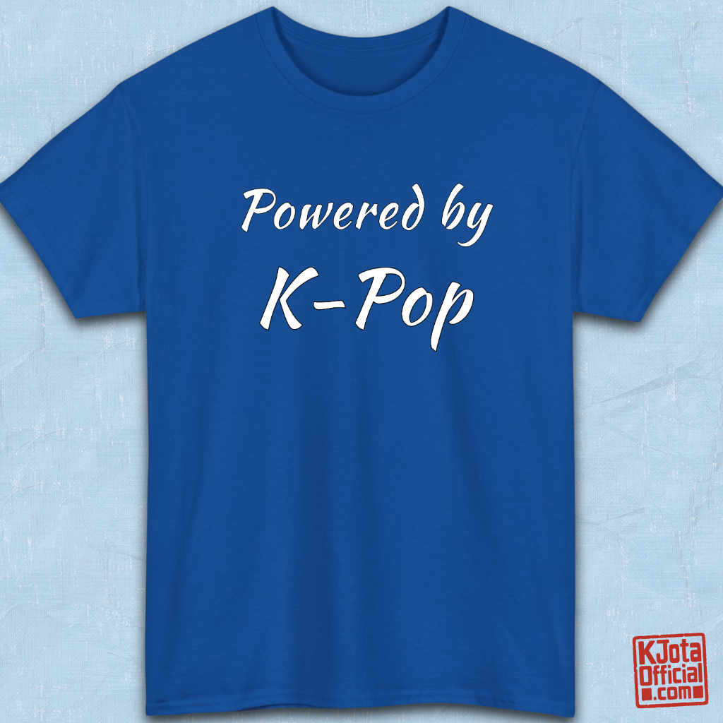 “Powered by K-Pop” apparel for stans blue t-shirt flatlay by K-Jota