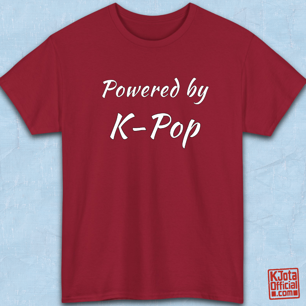 “Powered by K-Pop” apparel for stans red t-shirt flatlay by K-Jota