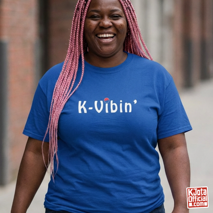 Woman wearing “K-Vibin’” printed on front of blue t-shirt South Korea fandom merch by K-Jota