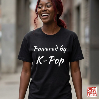 Woman wearing “Powered by K-Pop” black t-shirt made for stans by K-Jota