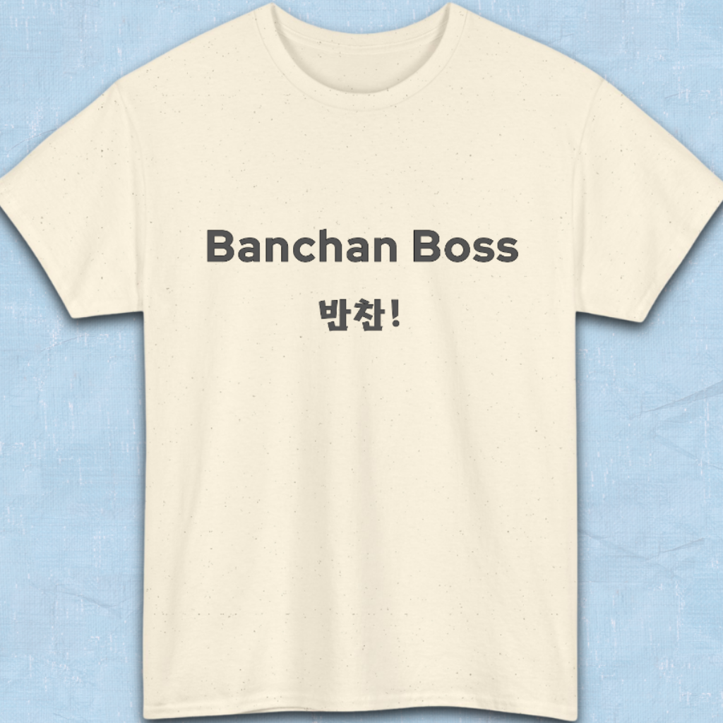 Banchan Boss Korean food side dishes fan t-shirt beige flatlay by K-Jota