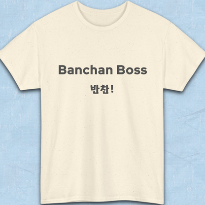 Banchan Boss Korean food side dishes fan t-shirt beige flatlay by K-Jota