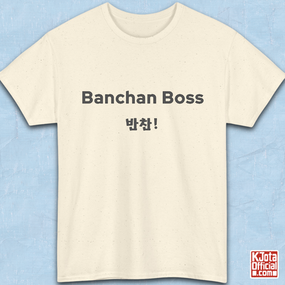 “Banchan Boss 반찬!” Korean side dish foodie beige t-shirt flatlay by K-Jota