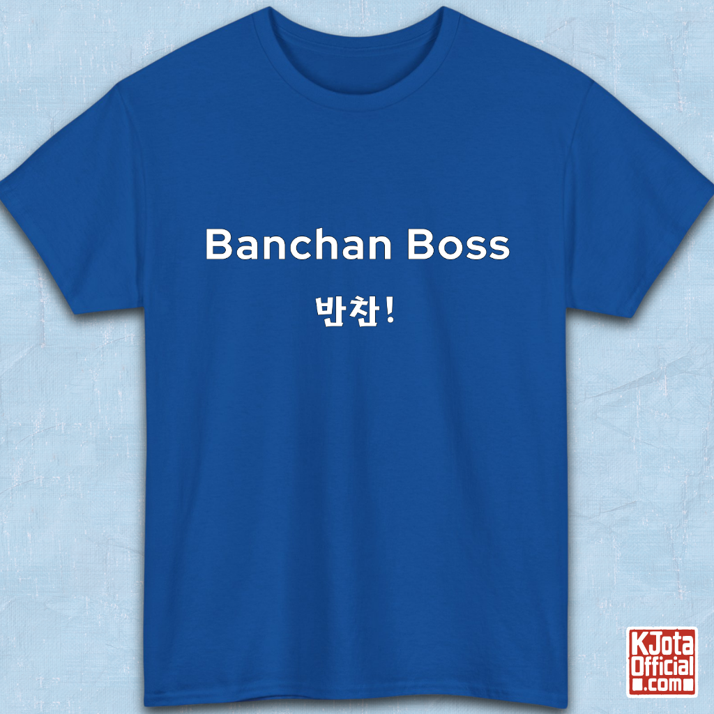 “Banchan Boss 반찬!” Korean side dish foodie blue t-shirt flatlay by K-Jota
