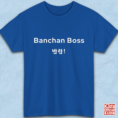 “Banchan Boss 반찬!” Korean side dish foodie blue t-shirt flatlay by K-Jota