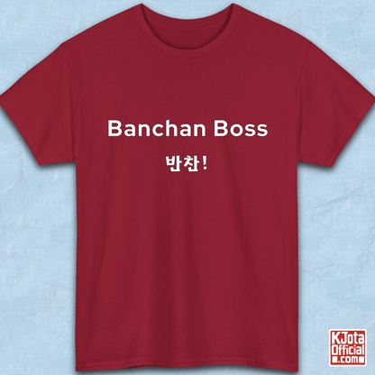“Banchan Boss 반찬!” Korean side dish foodie red t-shirt flatlay by K-Jota