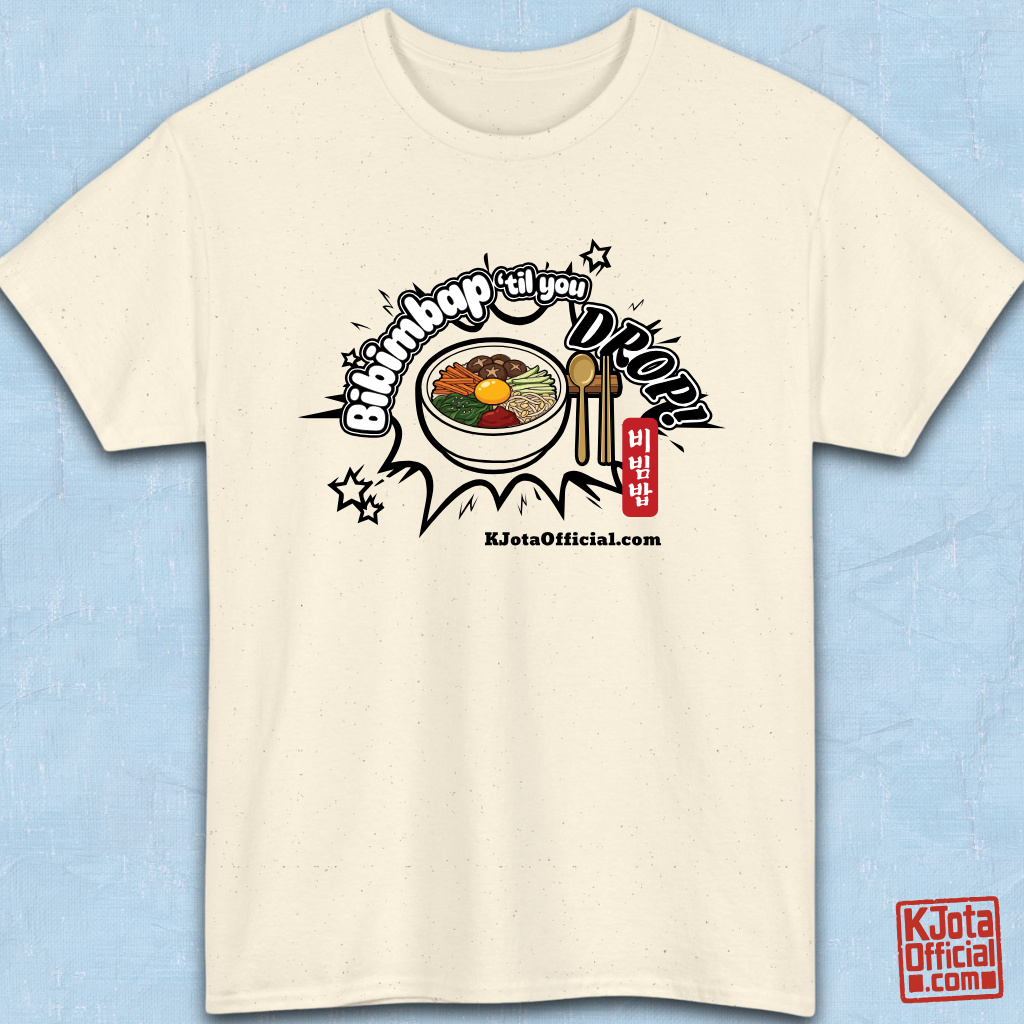 "Bibimbap ‘til You Drop 비빔밥" Korean food mixed rice bowl beige t-shirt flatlay by K-Jota with a graphic print of a bibimbap bowl, spoon, and chopsticks; and “KJotaOfficial.com” written below it.