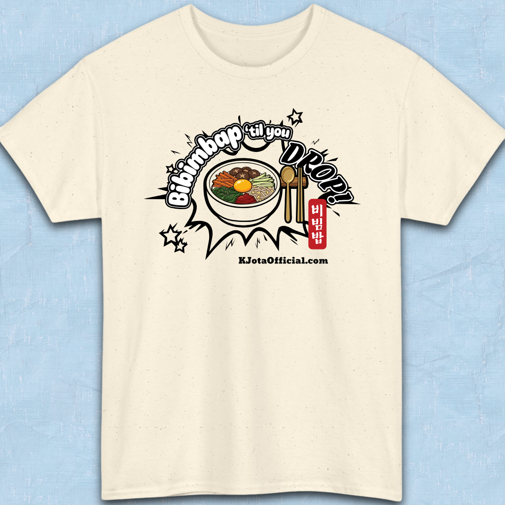 "Bibimbap ‘til You Drop 비빔밥" Korean food mixed rice bowl beige t-shirt flatlay by K-Jota with a graphic print of a bibimbap bowl, spoon, and chopsticks; and “KJotaOfficial.com” written below it.