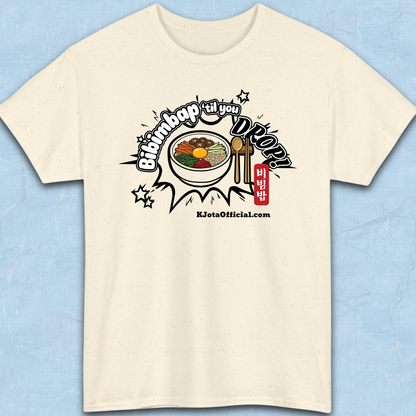 "Bibimbap ‘til You Drop 비빔밥" Korean food mixed rice bowl beige t-shirt flatlay by K-Jota with a graphic print of a bibimbap bowl, spoon, and chopsticks; and “KJotaOfficial.com” written below it.