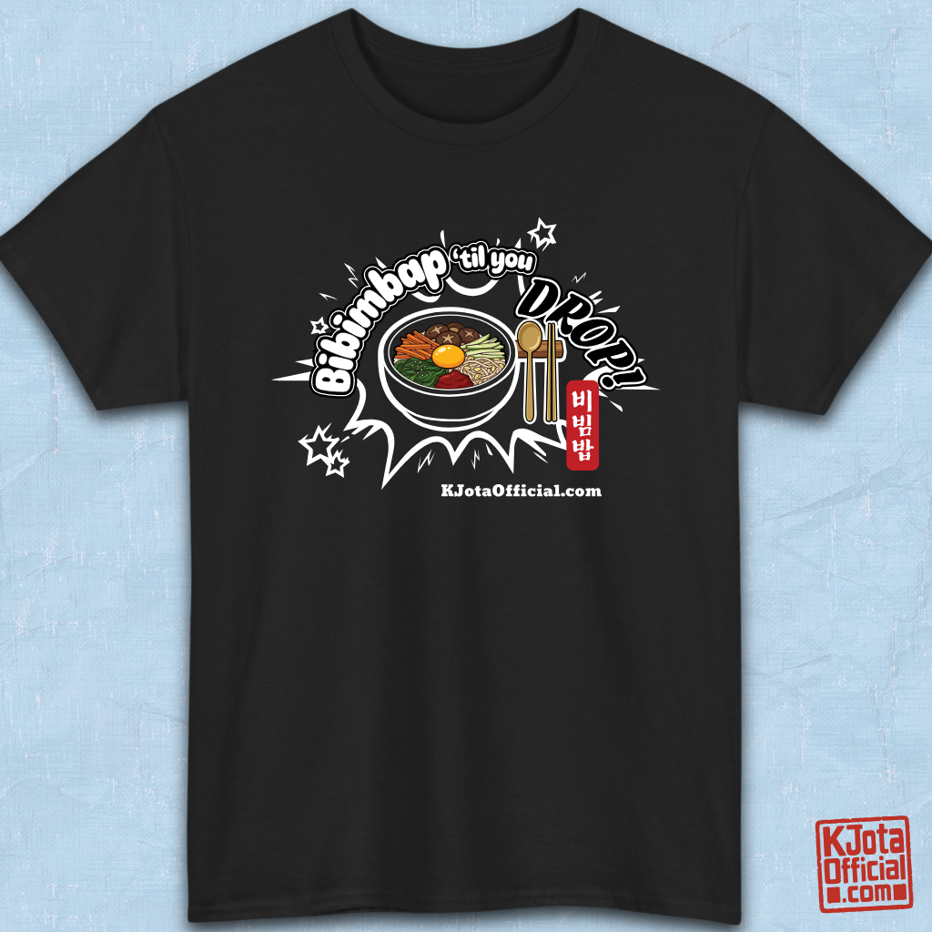 "Bibimbap ‘til You Drop 비빔밥" Korean food mixed rice bowl black t-shirt flatlay by K-Jota with a graphic print of a bibimbap bowl, spoon, and chopsticks; and “KJotaOfficial.com” written below it.