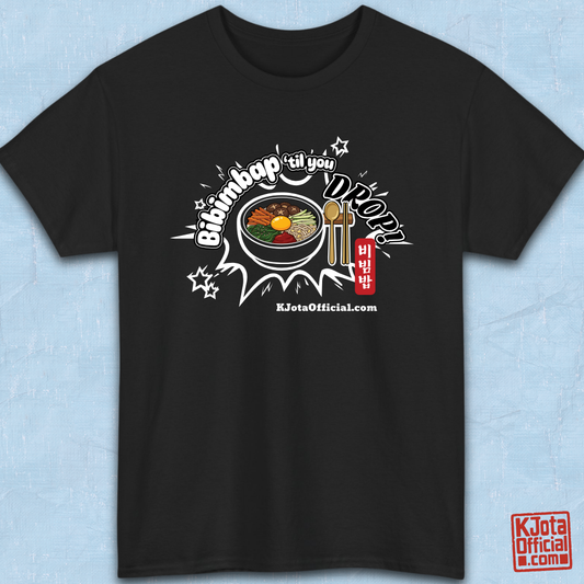 "Bibimbap ‘til You Drop 비빔밥" Korean food mixed rice bowl black t-shirt flatlay by K-Jota with a graphic print of a bibimbap bowl, spoon, and chopsticks; and “KJotaOfficial.com” written below it.