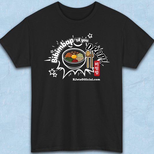 "Bibimbap ‘til You Drop 비빔밥" Korean food mixed rice bowl black t-shirt flatlay by K-Jota with a graphic print of a bibimbap bowl, spoon, and chopsticks; and “KJotaOfficial.com” written below it.
