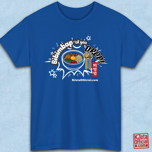 "Bibimbap ‘til You Drop 비빔밥" Korean food mixed rice bowl blue t-shirt flatlay by K-Jota with a graphic print of a bibimbap bowl, spoon, and chopsticks; and “KJotaOfficial.com” written below it.