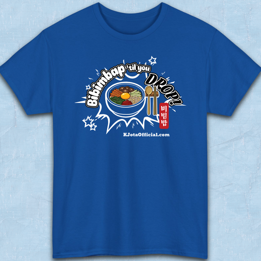 "Bibimbap ‘til You Drop 비빔밥" Korean food mixed rice bowl blue t-shirt flatlay by K-Jota with a graphic print of a bibimbap bowl, spoon, and chopsticks; and “KJotaOfficial.com” written below it.