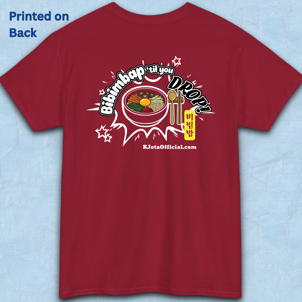 "Bibimbap ‘til You Drop 비빔밥" Korean food mixed rice bowl red t-shirt backside flatlay by K-Jota with a graphic print of a bibimbap bowl, spoon, and chopsticks; and “KJotaOfficial.com” written below it.