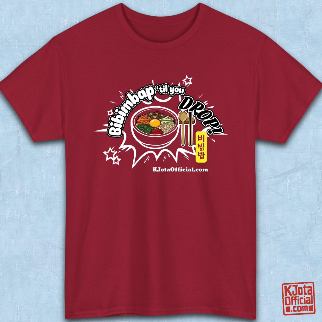 "Bibimbap ‘til You Drop 비빔밥" Korean food mixed rice bowl red t-shirt flatlay by K-Jota with a graphic print of a bibimbap bowl, spoon, and chopsticks; and “KJotaOfficial.com” written below it.