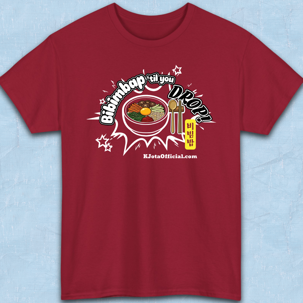 "Bibimbap ‘til You Drop 비빔밥" Korean food mixed rice bowl red t-shirt flatlay by K-Jota with a graphic print of a bibimbap bowl, spoon, and chopsticks; and “KJotaOfficial.com” written below it.