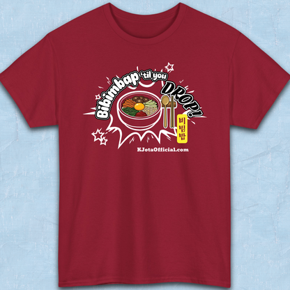 "Bibimbap ‘til You Drop 비빔밥" Korean food mixed rice bowl red t-shirt flatlay by K-Jota with a graphic print of a bibimbap bowl, spoon, and chopsticks; and “KJotaOfficial.com” written below it.
