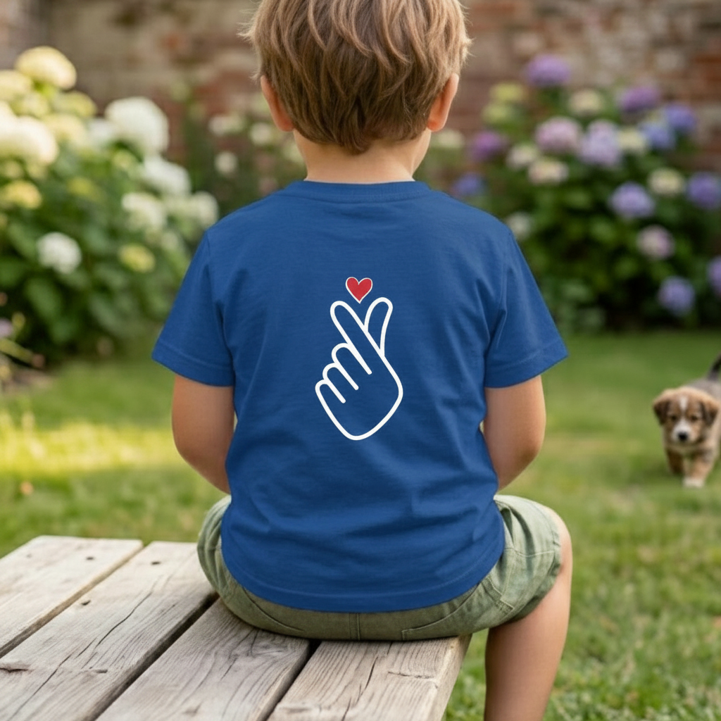 boy wearing finger heart Korean saranghaeyo I love you K-pop Hallyu fan kids t-shirt blue backside by Kjota