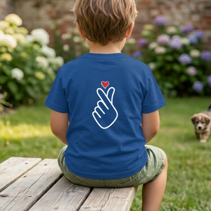 boy wearing finger heart Korean saranghaeyo I love you K-pop Hallyu fan kids t-shirt blue backside by Kjota