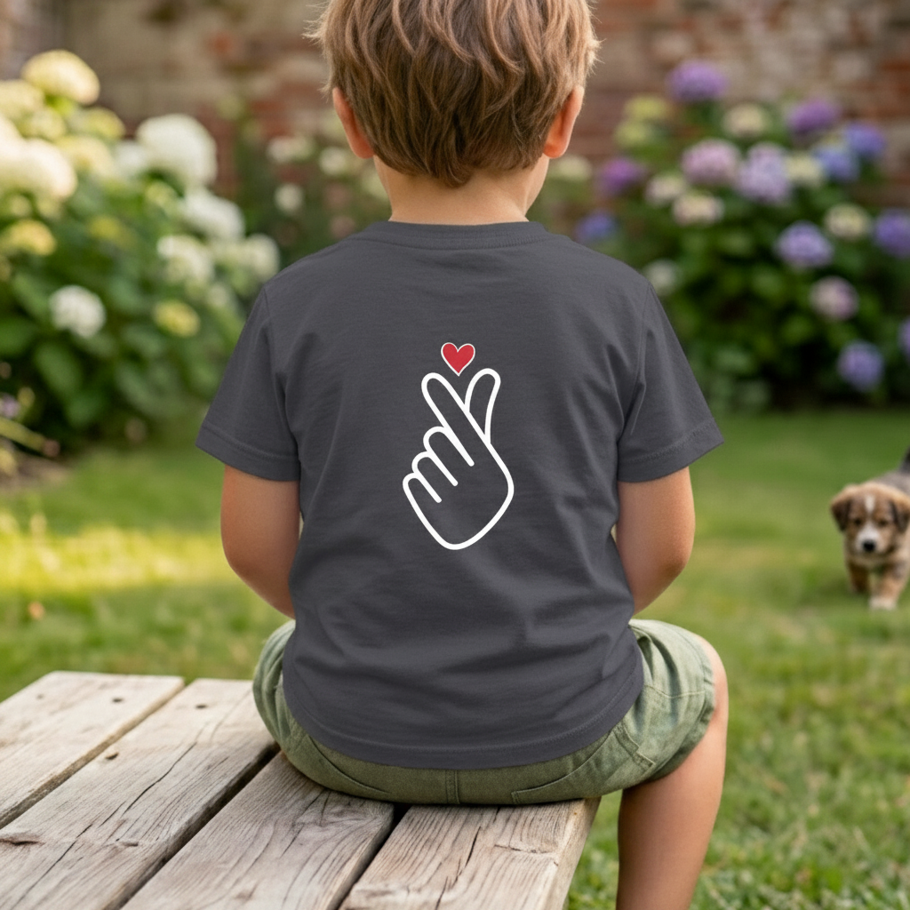 boy wearing finger heart Korean saranghaeyo I love you K-pop Hallyu fan kids t-shirt charcoal gray backside by Kjota