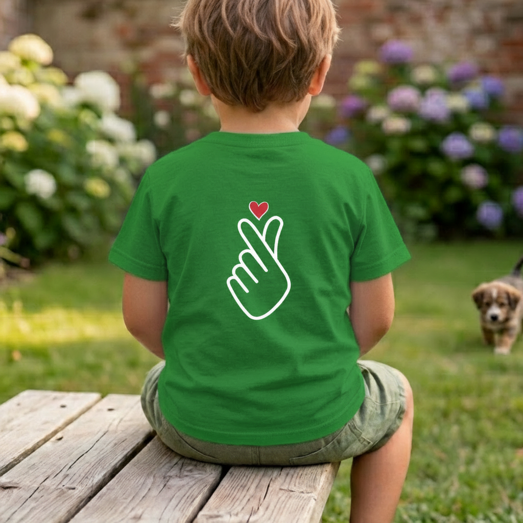 boy wearing finger heart Korean saranghaeyo I love you K-pop Hallyu fan kids t-shirt green backside by Kjota