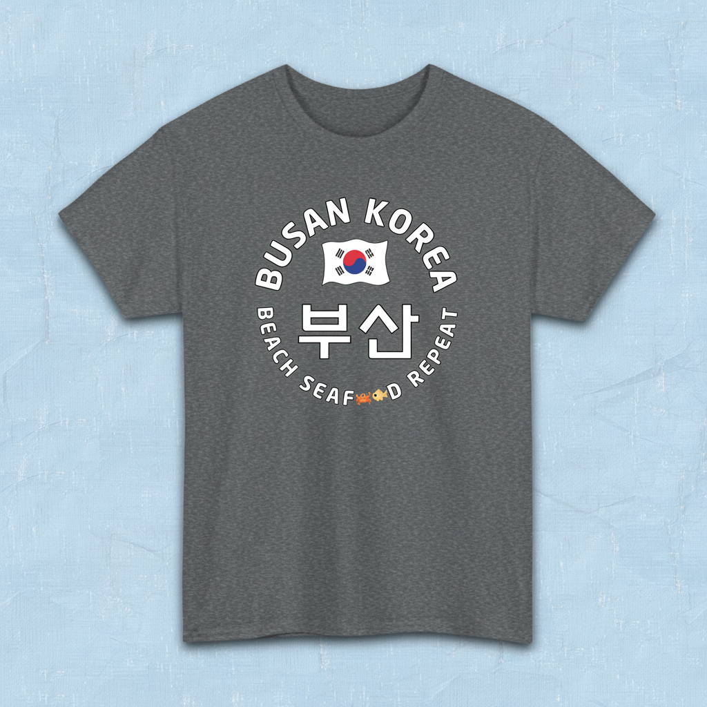 Busan Korea beach seafood repeat travel t-shirt gray flatlay by K-Jota