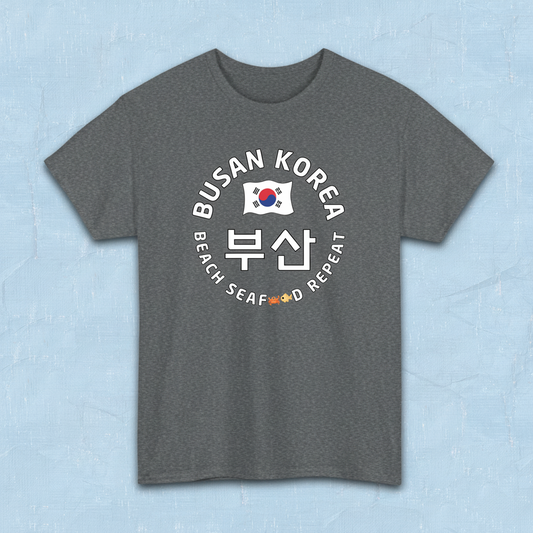 Busan Korea beach seafood repeat travel t-shirt gray flatlay by K-Jota