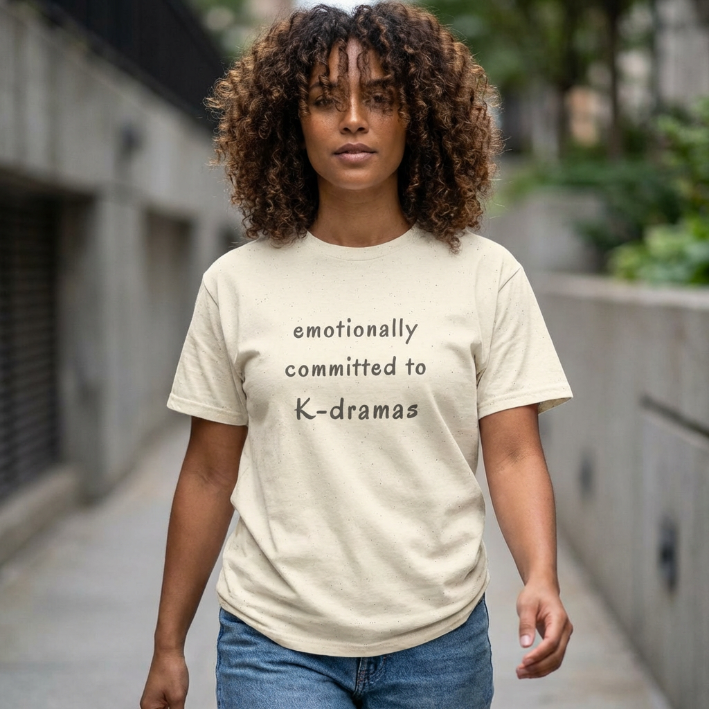 female fan wearing Emotionally committed to k-dramas beige t-shirt by Kjota 