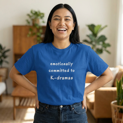 female fan wearing Emotionally committed to k-dramas blue t-shirt by Kjota