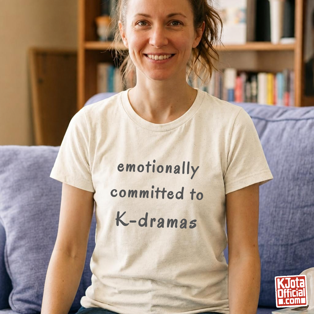 female fan wearing “Emotionally Committed to K-dramas” printed on front of tee, Korean show fans binge watching outfit beige t-shirt by K-Jota