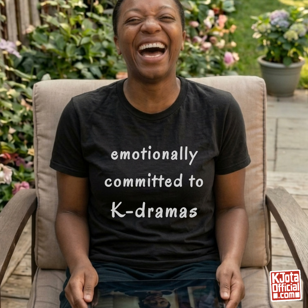 female fan wearing “Emotionally Committed to K-dramas” printed on front of tee, Korean show fans binge watching outfit black t-shirt by K-Jota