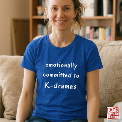 female fan wearing “Emotionally Committed to K-dramas” printed on front of tee, Korean show fans binge watching outfit blue t-shirt by K-Jota