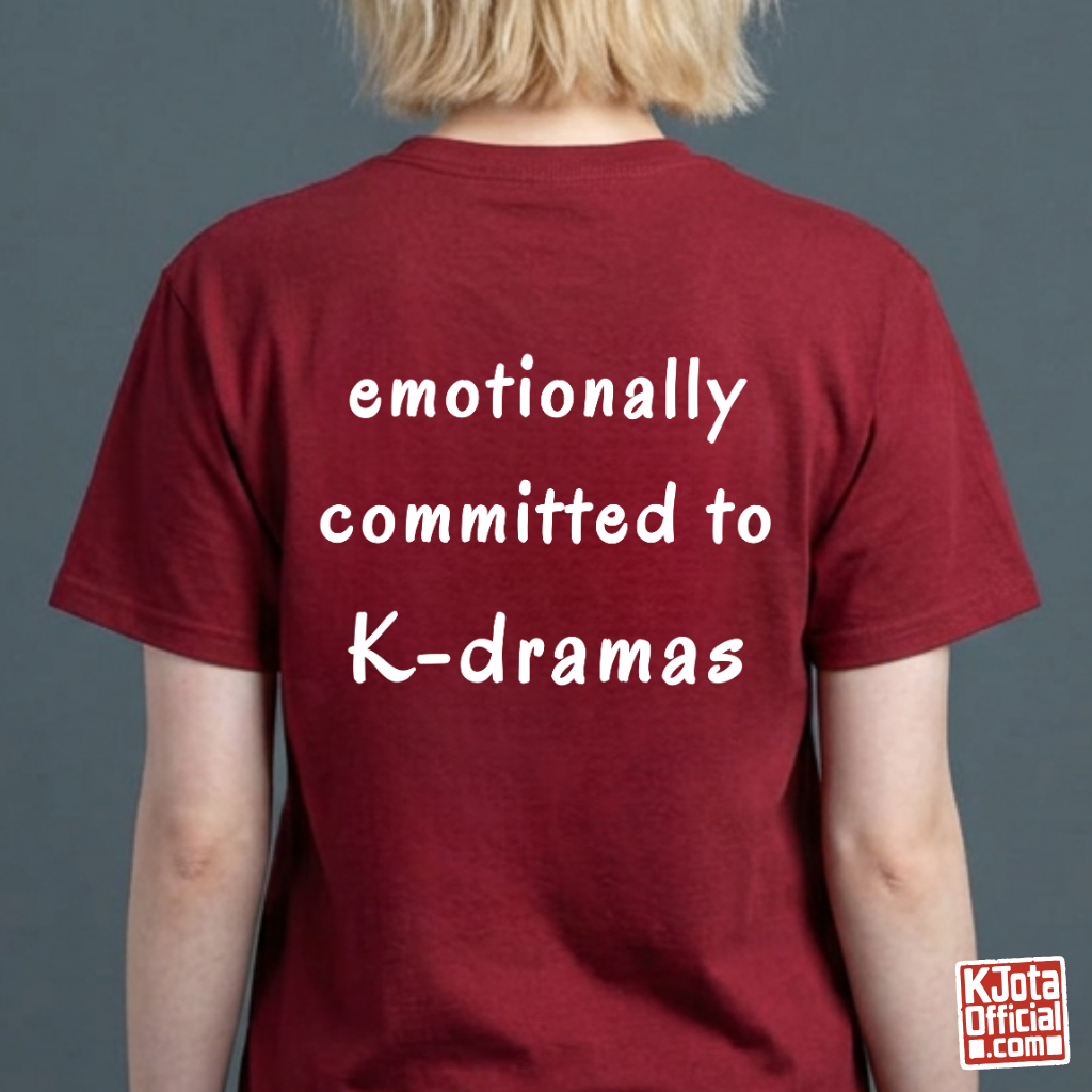 female fan wearing “emotionally committed to K-dramas” printed on back of tee, Korean show fans binge watching outfit red t-shirt by K-Jota