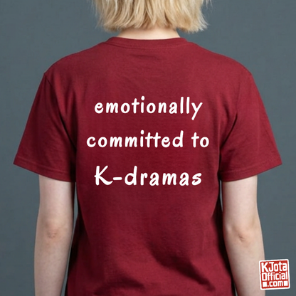 female fan wearing “emotionally committed to K-dramas” printed on back of tee, Korean show fans binge watching outfit red t-shirt by K-Jota