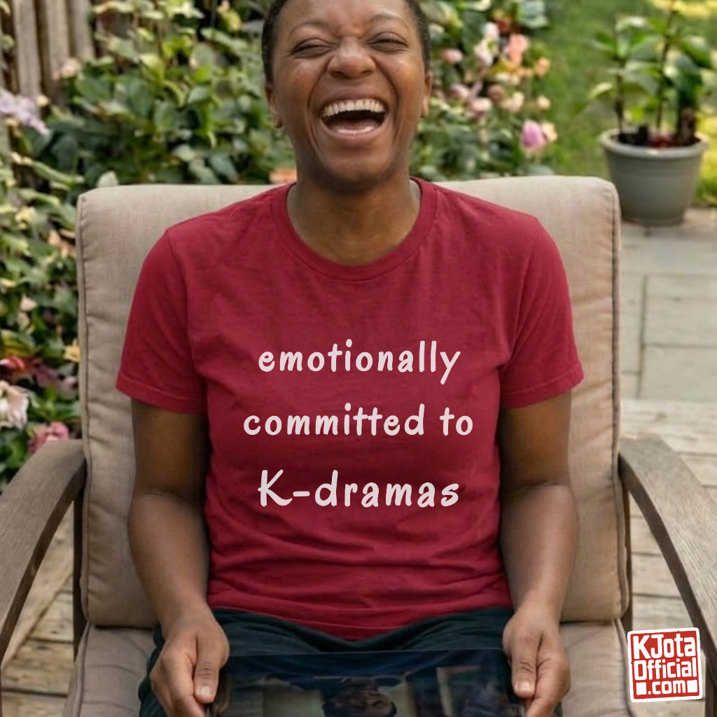 female fan wearing “Emotionally Committed to K-dramas” printed on front of tee, Korean show fans binge watching outfit red t-shirt by K-Jota