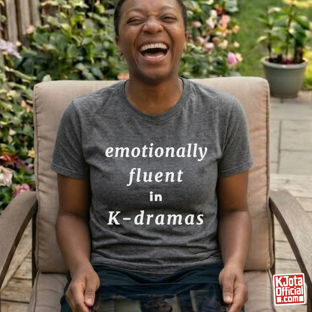 female fan wearing “emotionally committed to K-dramas” printed on front of tee, Korean show superfan identity binge watching outfit gray t-shirt by K-Jota