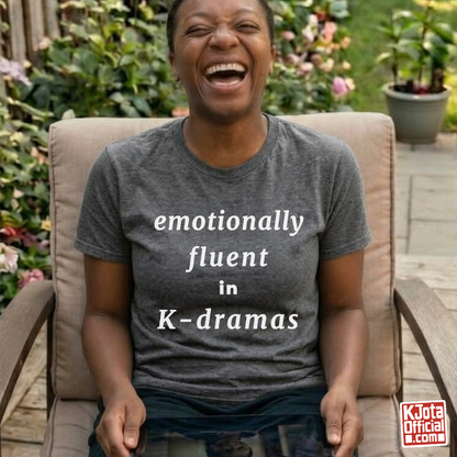 female fan wearing “emotionally committed to K-dramas” printed on front of tee, Korean show superfan identity binge watching outfit gray t-shirt by K-Jota