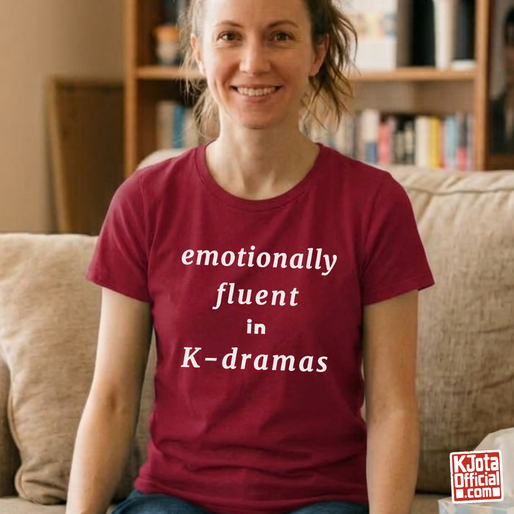 female fan wearing “emotionally committed to K-dramas” printed on front of tee, Korean show superfan identity binge watching outfit red t-shirt by K-Jota