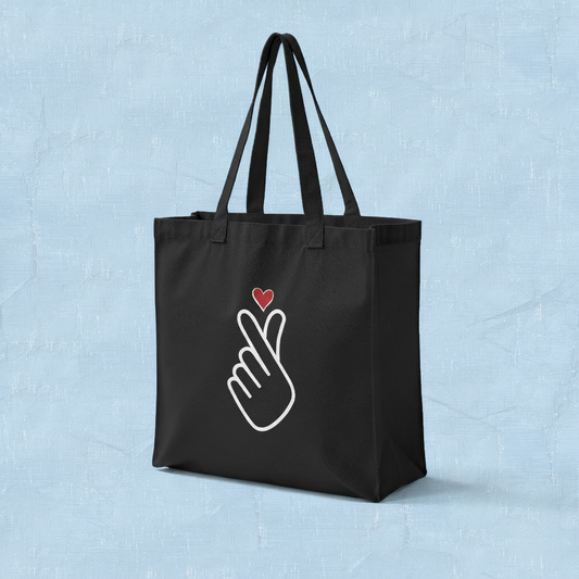 Finger heart Korean saranghaeyo I love you K-pop fan black canvas tote bag for photocard trading events by Kjota