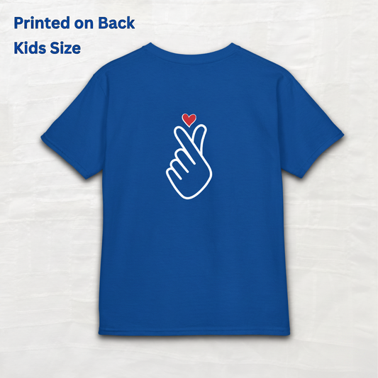 Finger heart Korean saranghaeyo I love you K-pop Hallyu K-wave fan kids t-shirt blue backside flatlay by Kjota