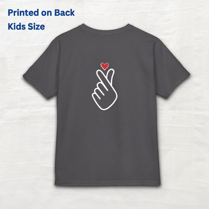 Finger heart Korean saranghaeyo I love you K-pop Hallyu K-wave fan kids t-shirt charcoal gray backside flatlay by Kjota