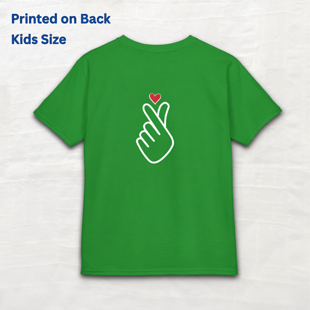 Finger heart Korean saranghaeyo I love you K-pop Hallyu K-wave fan kids t-shirt green backside flatlay by Kjota