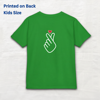 Finger heart Korean saranghaeyo I love you K-pop Hallyu K-wave fan kids t-shirt green backside flatlay by Kjota